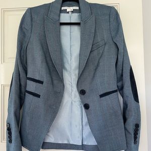 Veronica Beard Dickey Blazer Blue Linen Blend with leather elbow patches Size 0